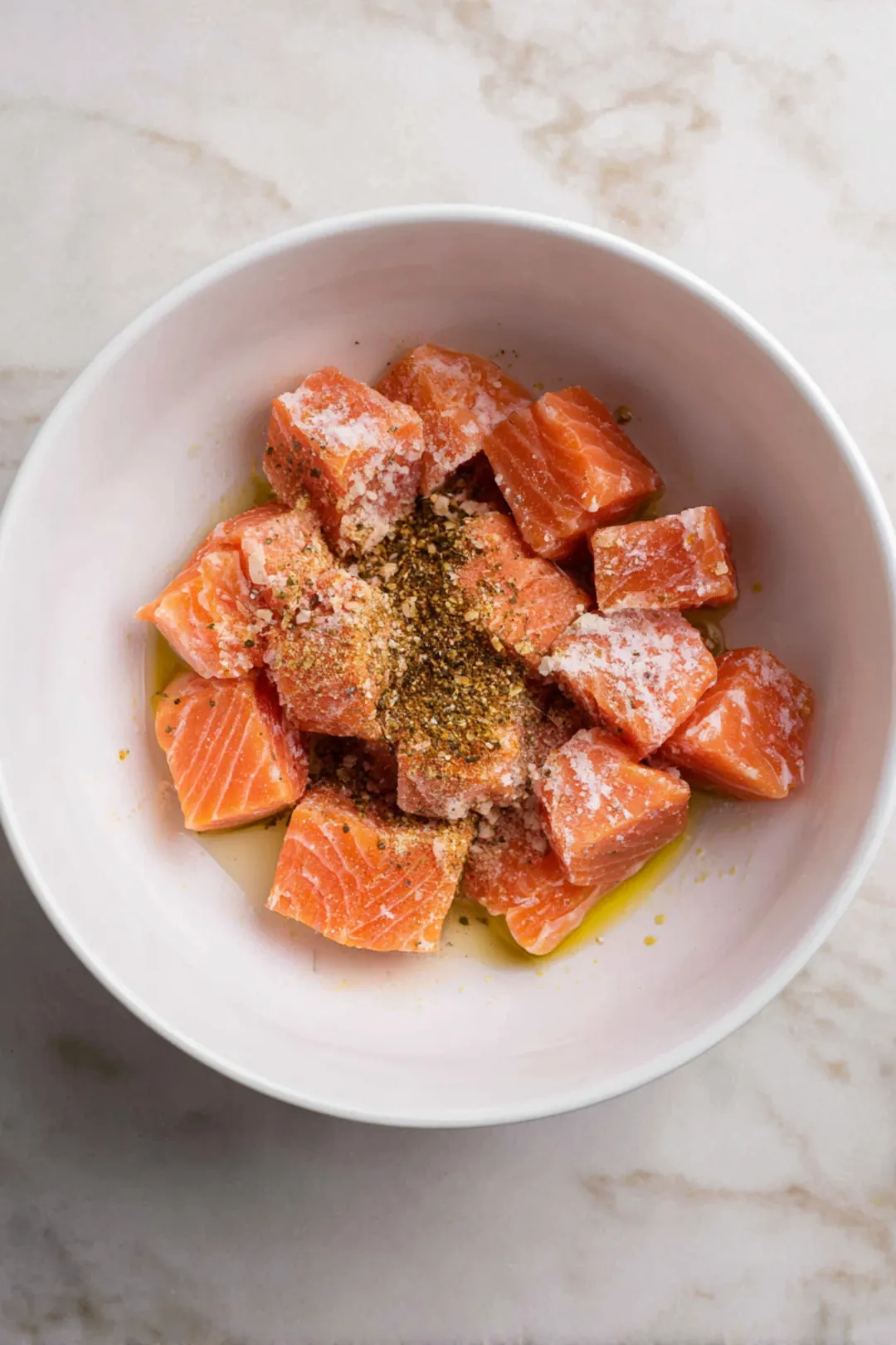 Combine salmon pieces with olive oil, garlic powder, paprika, salt, and black pepper