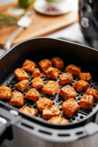 Place the seasoned salmon bites in a single layer in the air fryer basket