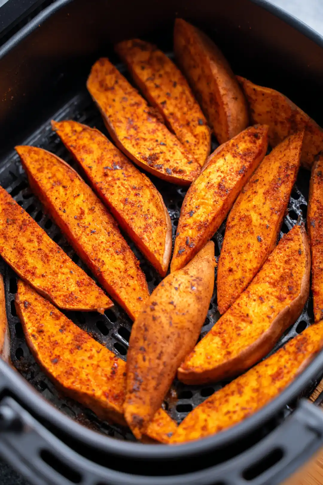 Place the seasoned sweet potato wedges in a single layer in the air fryer basket and cook for 20 minutes, shaking the basket halfway through for even cooking.
