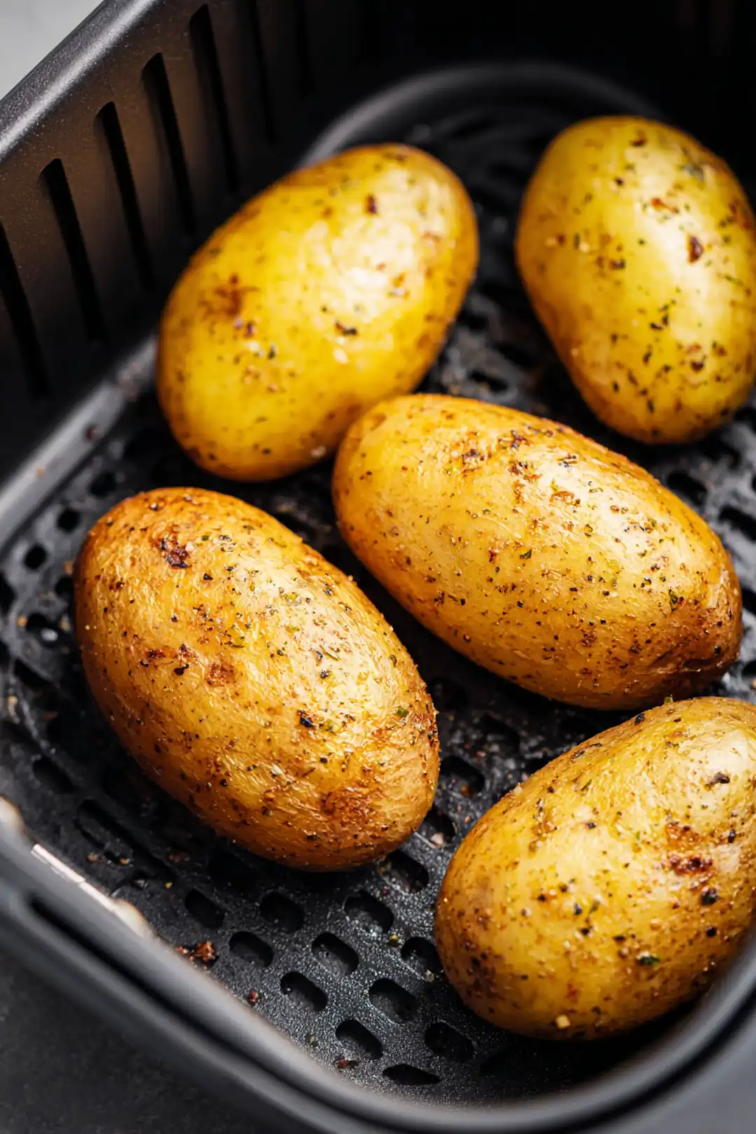 Rub the potatoes with olive oil and season with salt black pepper and garlic powder and place the prepared potatoes in the air fryer basket ensuring they are not overcrowded