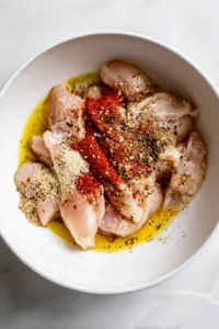 Combine olive oil, garlic powder, paprika, salt, and black pepper with chicken tenders