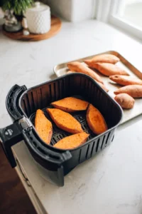 Air fry sweet potatoes until tender and crispy