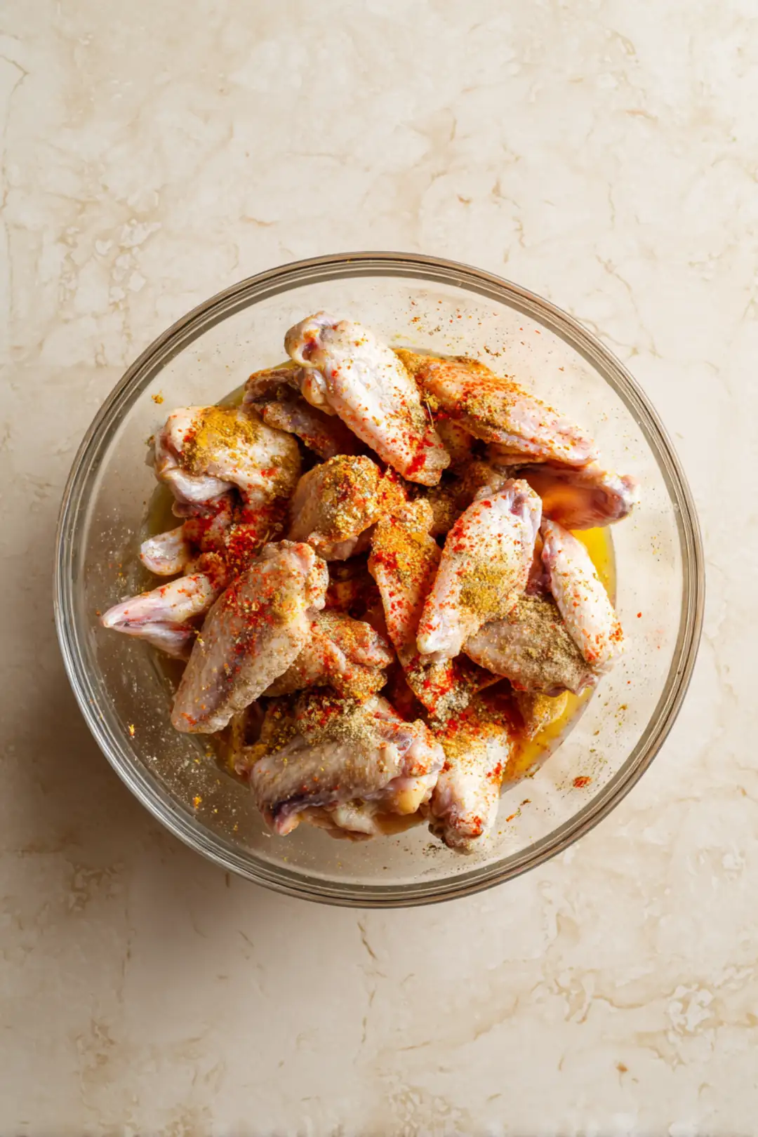 Combine frozen chicken wings with olive oil, salt, pepper, garlic powder, and paprika in a mixing bowl