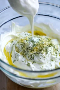 Combine Greek yogurt, lemon juice, garlic powder, and dill in a mixing bowl and mix until smooth.
