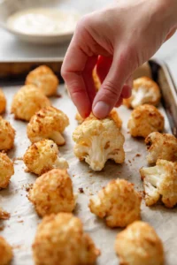 Dip cauliflower florets into batter and place on baking sheet