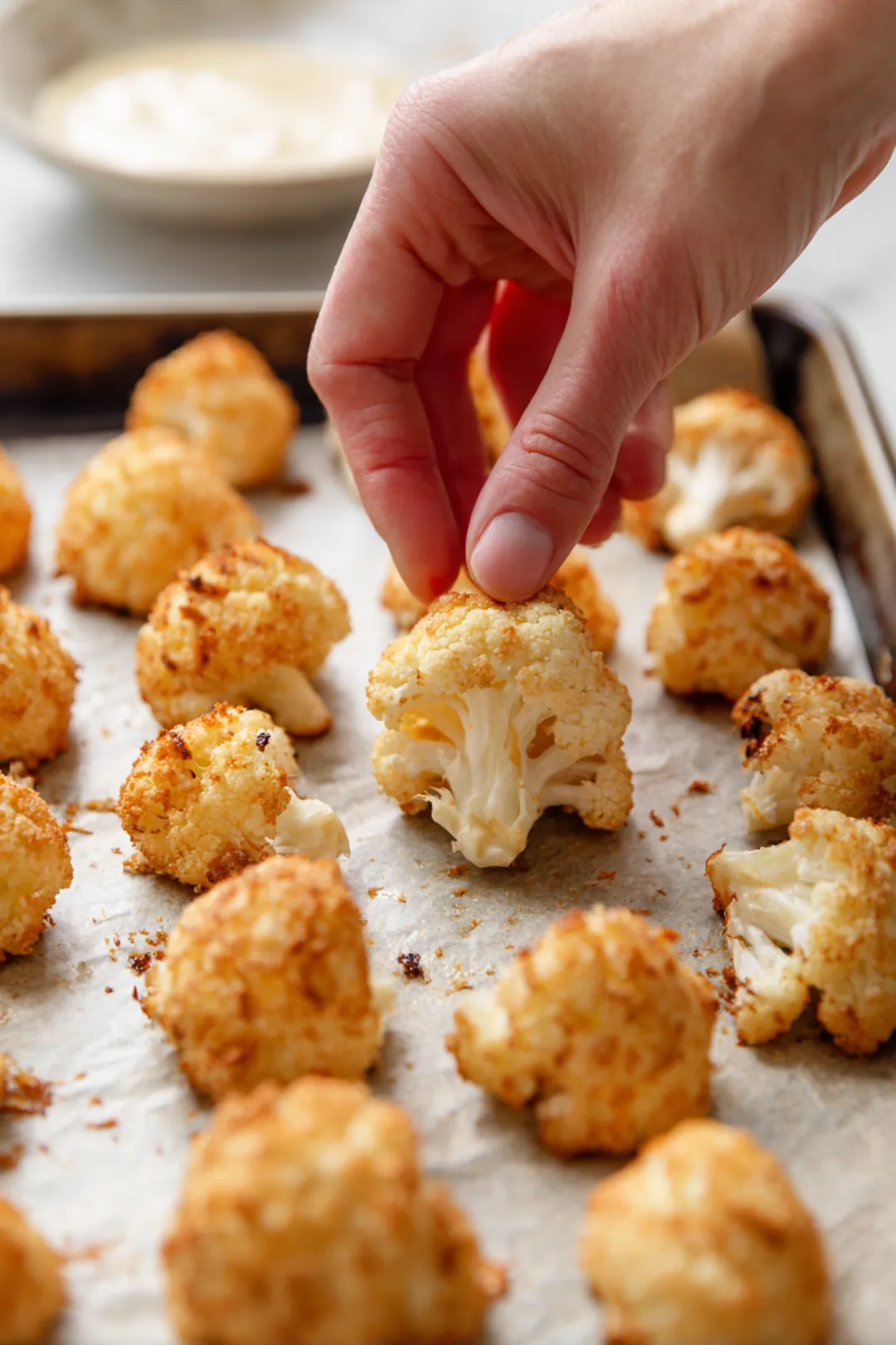 Dip cauliflower florets into batter and place on baking sheet