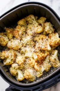 Sprinkle parmesan cheese over seasoned cauliflower and cook in the air fryer