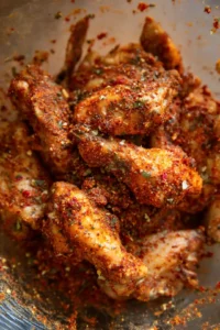 Toss the chicken wings in the spice mix until they are evenly coated.