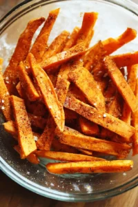 Toss the dried sweet potato fries with olive oil, salt, paprika, black pepper, and garlic powder. Preheat air fryer to 400°F (200°C) and air fry fries for 15-20 minutes, shaking the basket halfway through.