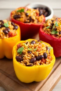 Fill bell peppers with the mixture and top with cheddar cheese