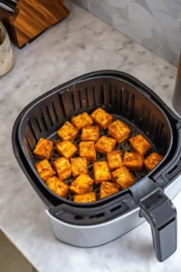 Preheat air fryer to 375°F and cook seasoned tofu until crispy