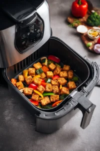 Preheat the air fryer and cook tofu with vegetables