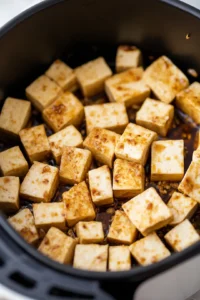 Prepare the tofu by tossing it with soy sauce, sesame oil, ginger, and garlic, then cook in the air fryer until crispy