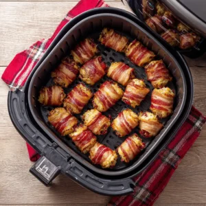 Arrange bacon-wrapped stuffing logs in air fryer