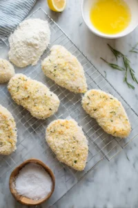 Coat chicken cutlets with flour, dip in egg, and cover with panko breadcrumbs