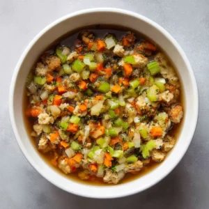 Combine stuffing mix, broth, chopped onions, celery, and carrots in a mixing bowl