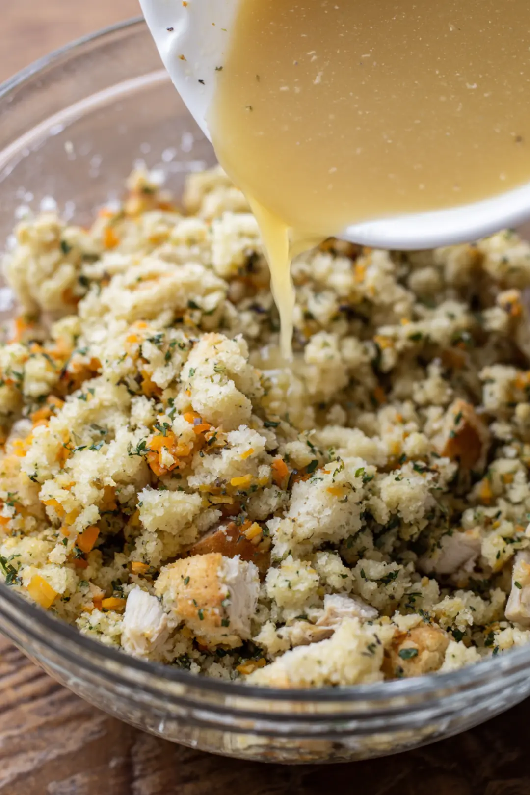 Combine the prepared stuffing and chicken broth in a mixing bowl