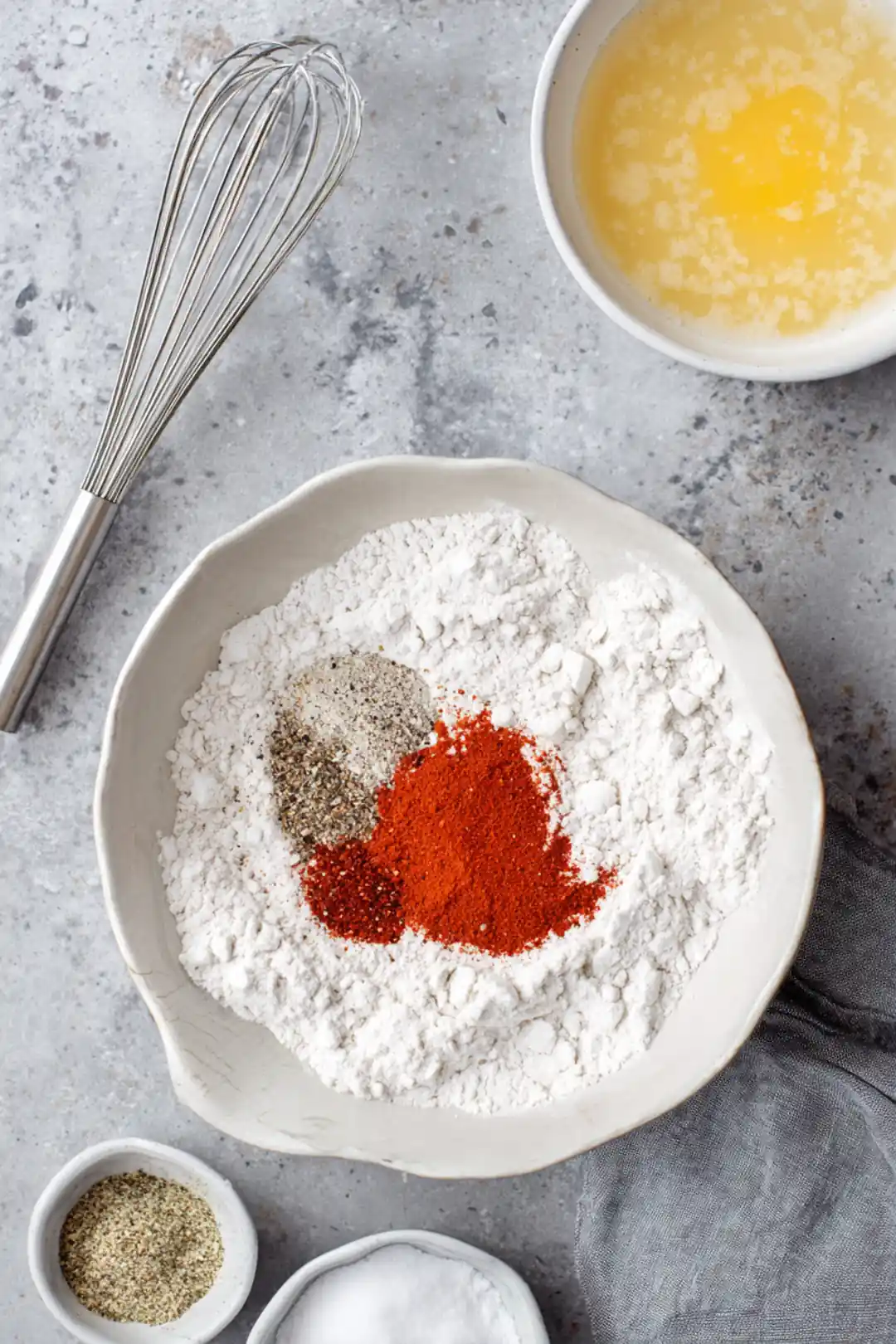 Mix salt, black pepper, paprika, and garlic powder in a bowl and whisk the egg in another bowl