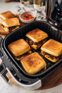 Place the sandwiches in the air fryer basket and cook for 8-10 minutes, flipping halfway through, until golden brown and the cheese is melted.