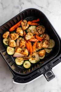 Place the seasoned protein and vegetables in the air fryer basket and cook for 15 minutes, shaking halfway through for even cooking.