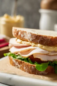Spread mayonnaise and mustard on one side of each slice of sourdough bread, then layer with turkey and cheese