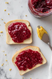 Spread spicy cranberry sauce on one slice of bread and mustard on the other slice