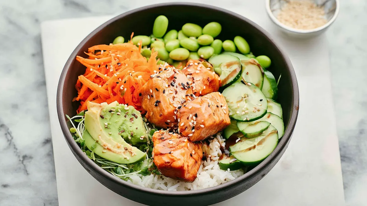 10 minute air fryer salmon rice bowl