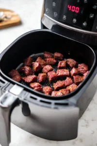 Add marinated steak bites to the air fryer