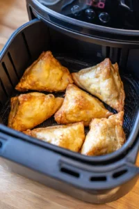 Air fry the samosas for 15-20 minutes, flipping them halfway through for a golden-brown finish.