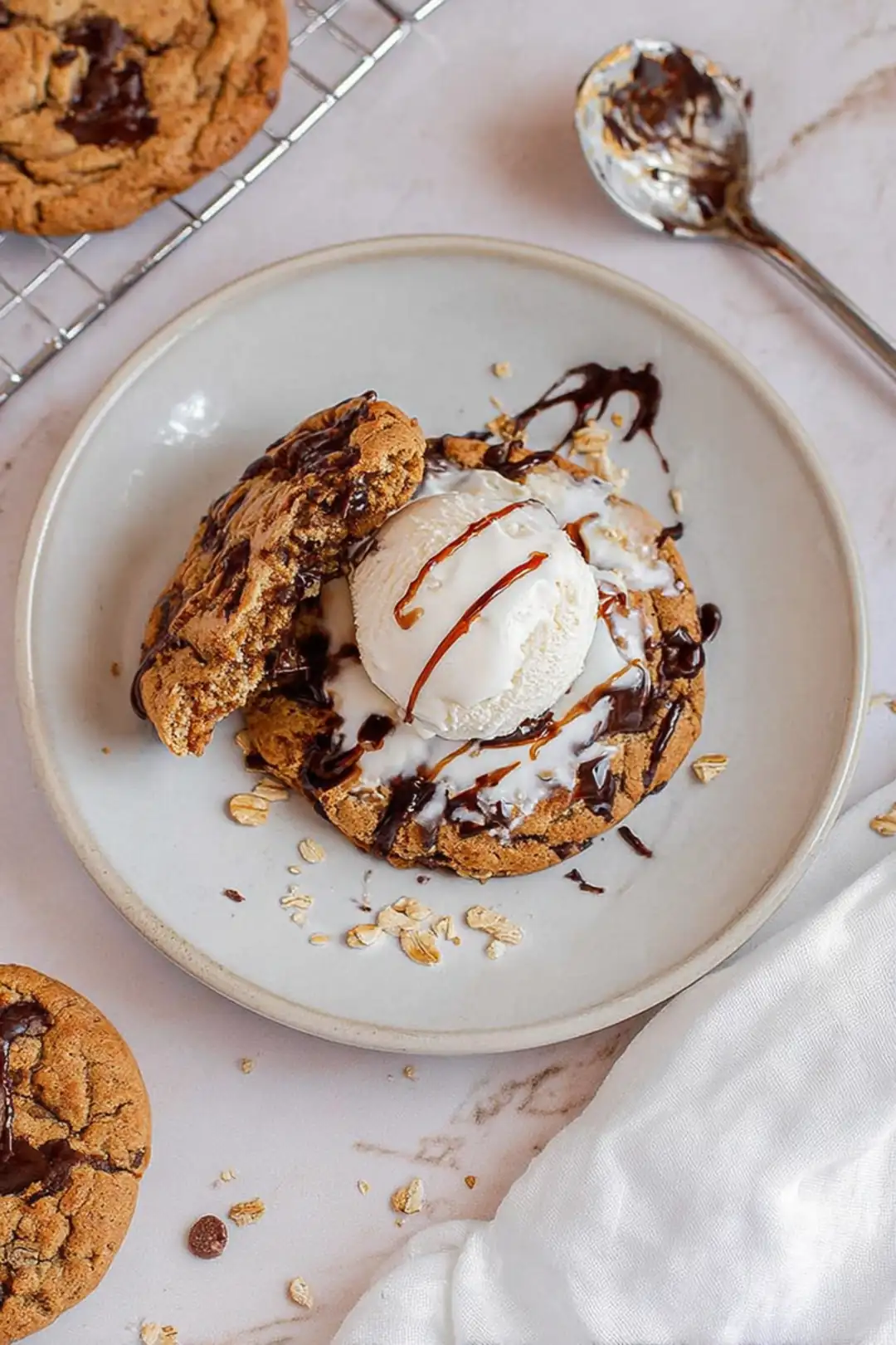 Air fryer cookie with ice cream on top