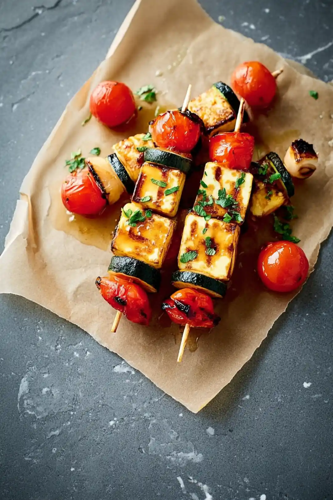 Air fryer halloumi and veg skewers