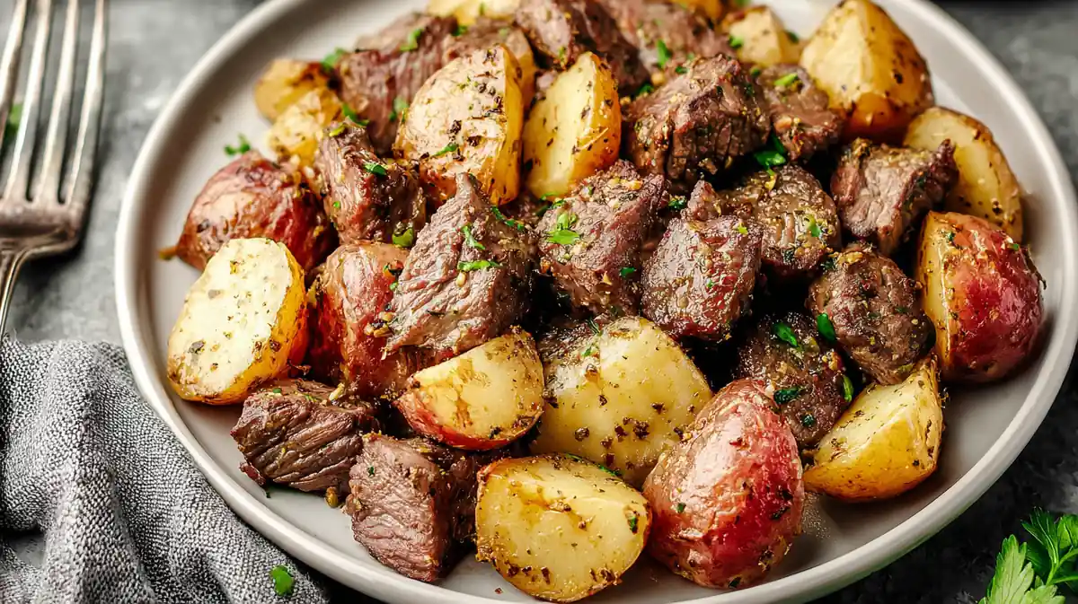Air fryer steak bites and potatoes