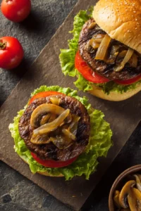 Assemble the burgers by placing mushrooms on buns and adding your favorite toppings like lettuce and tomato.
