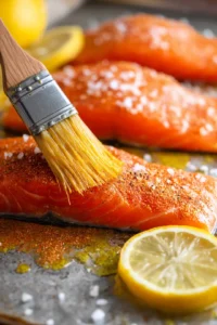 Brush the salmon fillets with olive oil and season with spices and lemon juice