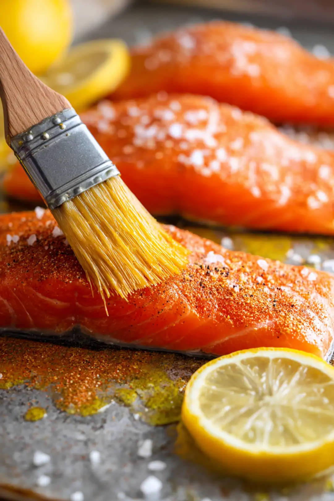 Brush the salmon fillets with olive oil and season with spices and lemon juice