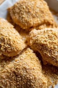Coat chicken thighs in breading and preheat air fryer