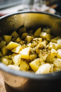 Combine diced potatoes with olive oil and steak seasoning
