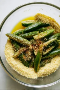 Combine the almond flour, garlic powder, paprika, and black pepper in a mixing bowl, and mix the pickle spears with olive oil and hot sauce until evenly coated.