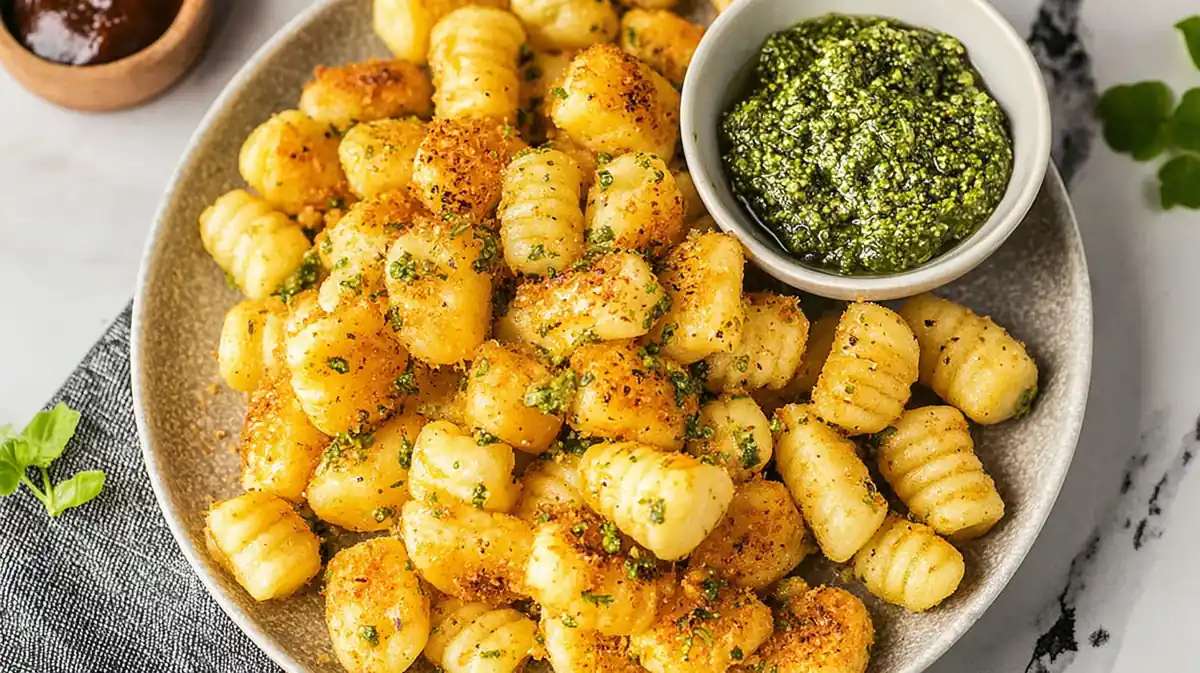 Crispy air fryer gnocchi pesto