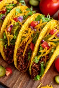 Fill taco shells with beef mixture, cheese, pickles, lettuce, and tomatoes and air fry until crispy