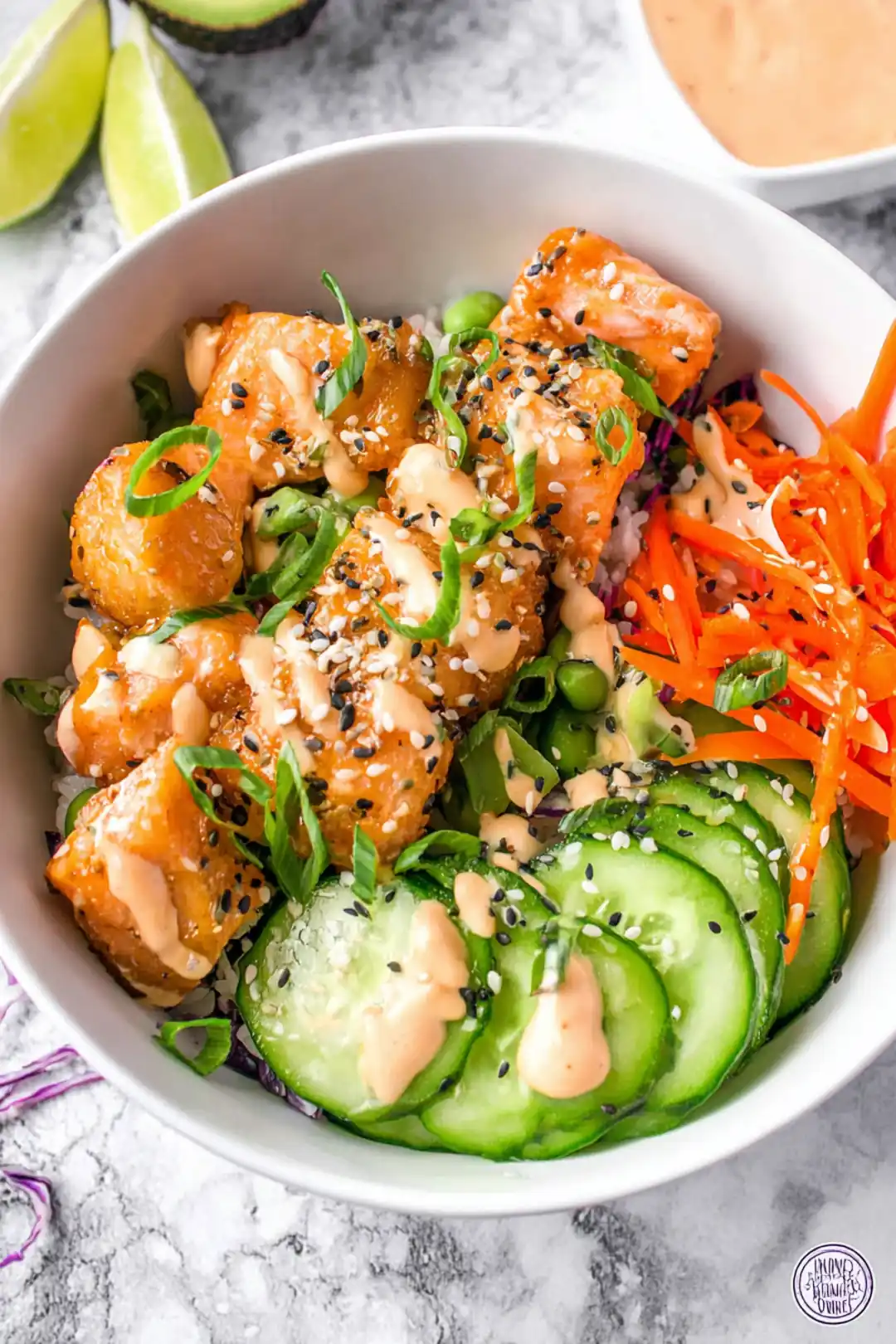 Healthy air fryer salmon bowl with kewpie mayo