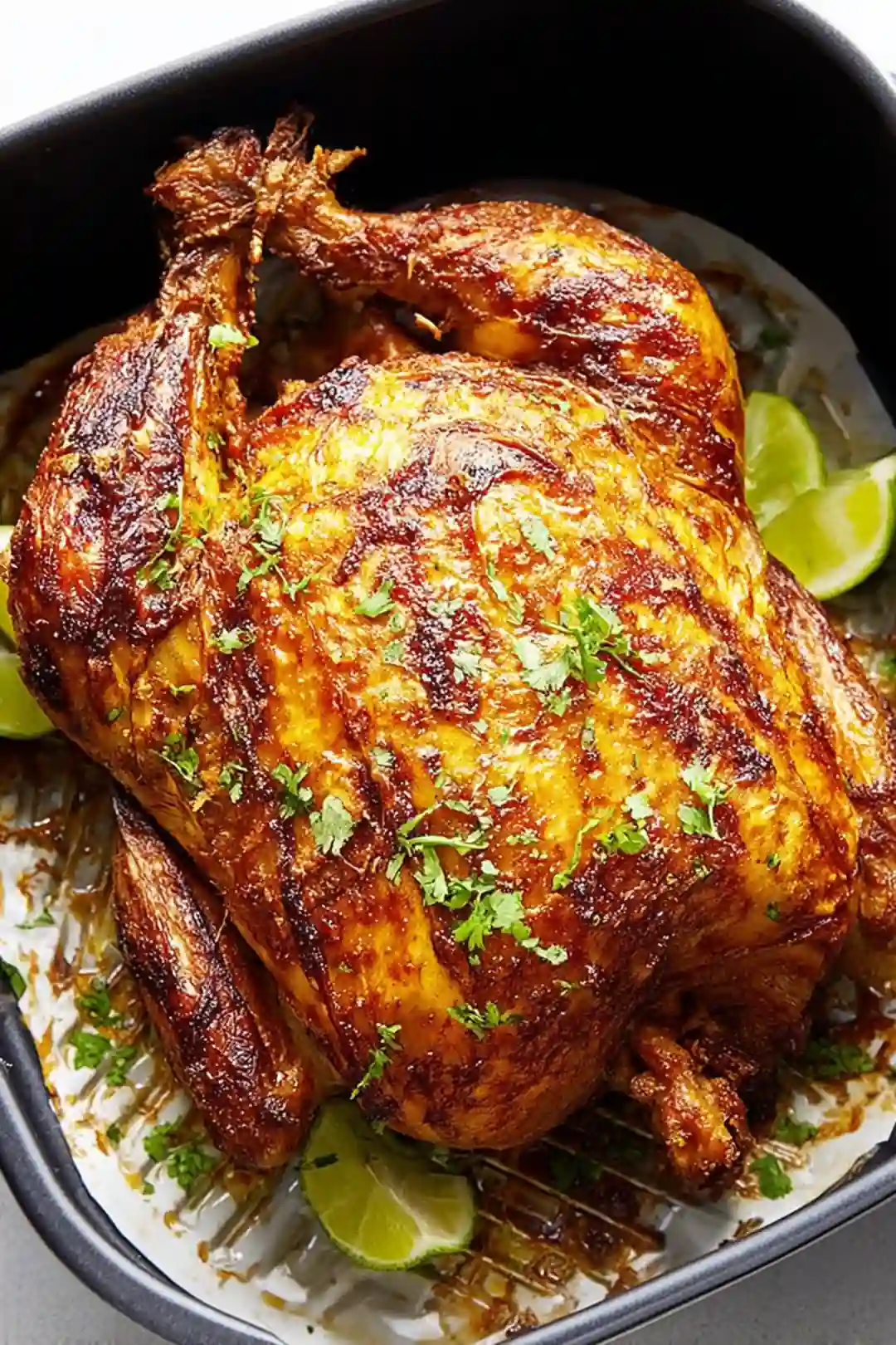 Juicy air fryer whole chicken with crispy skin
