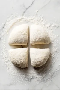 Knead the dough on a floured surface until smooth, then divide into four equal pieces.