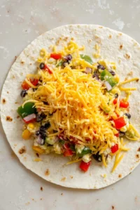 Lay one tortilla flat and top with cheese and a generous amount of mixed veggies.