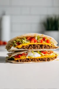 Layer a flour tortilla with ground beef, cheese, diced tomatoes, lettuce, and sour cream