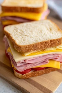 Layer ham and Swiss cheese on top of the mustard side, then top with the other slices of bread, buttered side out.
