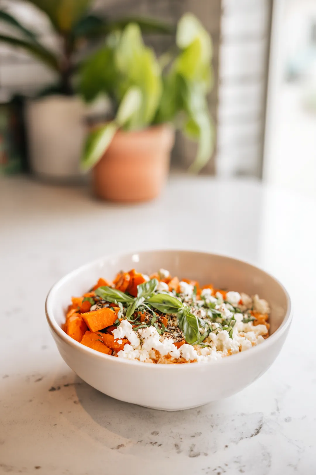 Layer roasted sweet potato on cottage cheese
