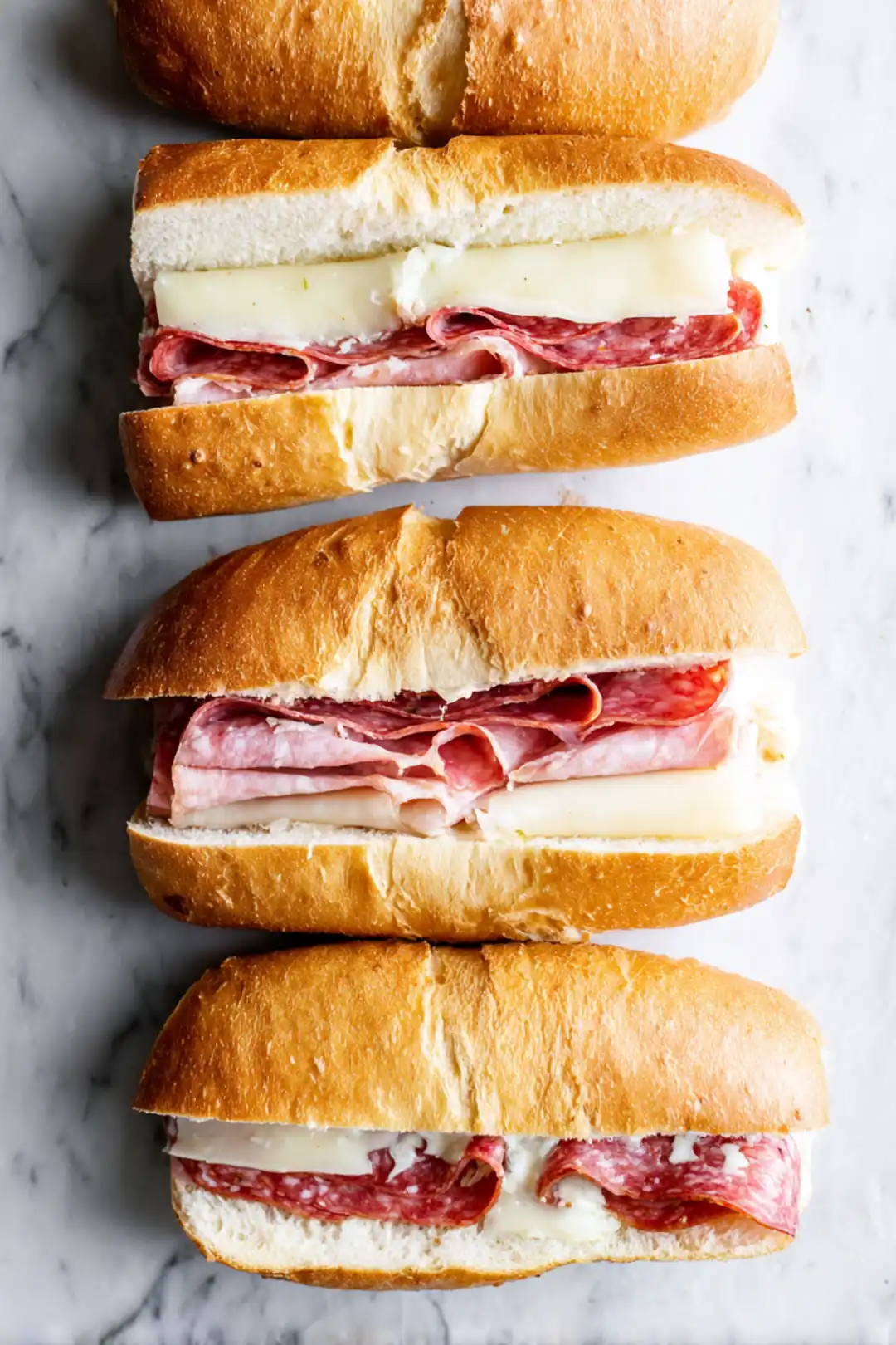 Layer salami, ham, provolone, and mozzarella inside sliced hoagie rolls
