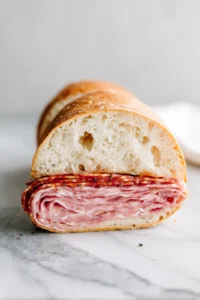Layer the salami, ham, and pepperoni on the bottom half of the bread