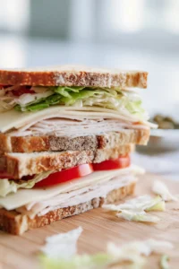 Layer turkey, Swiss cheese, and sauerkraut on the bread and cut the sandwich in half